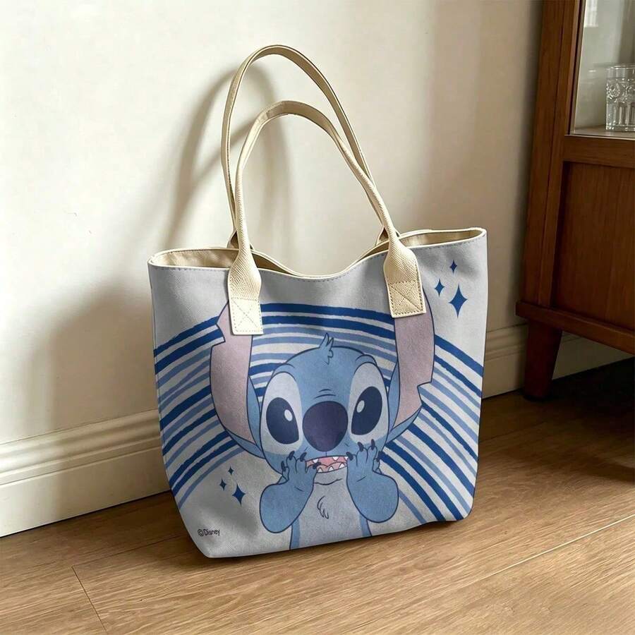Disney Lilo & Stitch Canvas Tote Bag - Excited Stitch Print Shoulder Bag For Daily Use - White - View 1