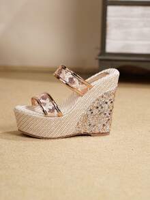 Small Size 33-34 Elegant Champagne Color Women's Sandals 14CM Ultra High Heel Sexy Open Toe Wedge Thick Sole Sandals With Design Sequin Material Summer Fashion Plus Size 42-43 Women's Sandals - Champagne - View 9