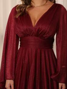 Luxury Long Dress With Flowing Sleeves And Deep Neckline – Timeless Elegance And Sparkle For Parties* - Color caoba - Ver 4