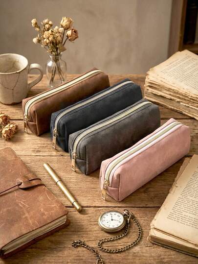 1pc Vintage Soft PU Leather Pencil Case, Suede-Like Comfort Touch Pencil Pouch, Large Capacity Zipper Stationery Organizer, Minimalist Portable Desk Storage Bag, Multi-Functional Cosmetic Makeup Pouch, Durable Daily Storage Pouch, Back To School Essentials, Practical School Office Supplies, Travel Toiletry Bag, Ideal Gift For Students, Girls & Women
