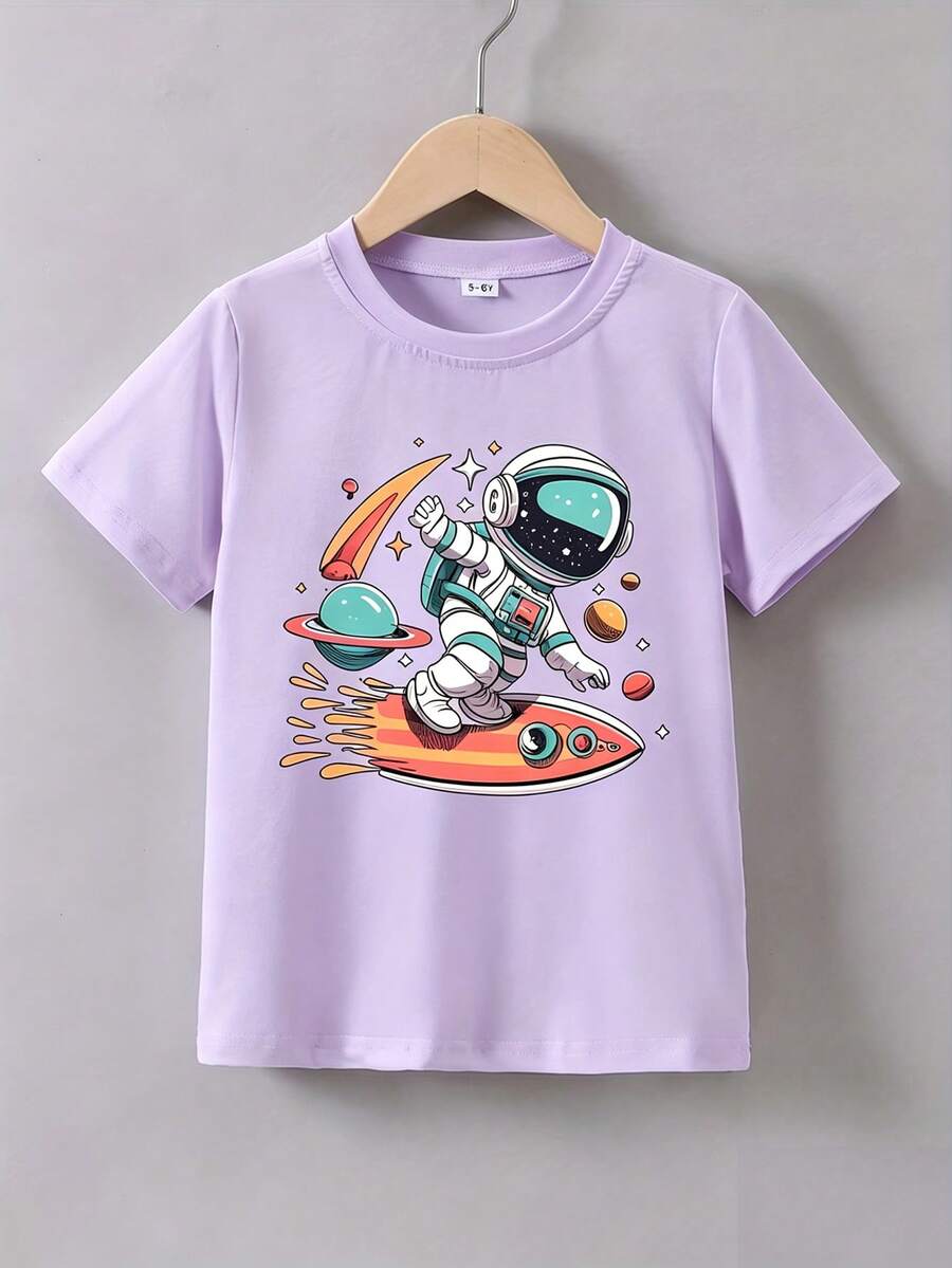 Top de manga corta sencillo, informal y bonito con estampado para niños, ideal para el verano. - Morado claro - Ver 1