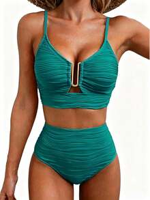 2025 Summer Beach Vacation Solid Color Ruffle Textured Hollow Out Ring Women's Swimwear Bikini Set, Separates Swimwear - Mint Blue - View 4
