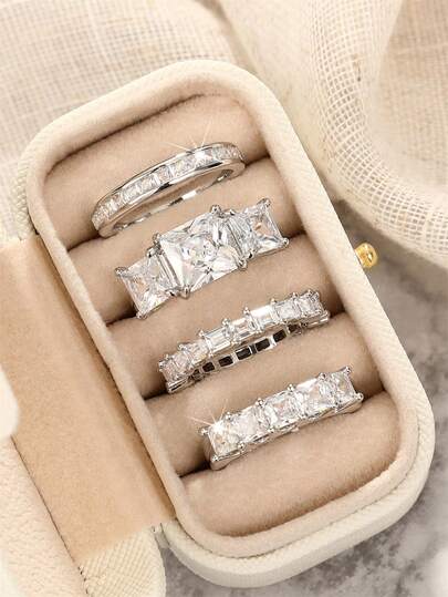 4pcs Cubic Zirconia Stone Ring Set With Gift Box, Suitable For Women, Applicable For Wedding, Engagement, Anniversary Party, Jewelry Valentine's Day Gift