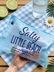 防水時尚沙灘包，印有「Salty Little Beach」海洋波浪圖案。大容量透明化妝包，尼龍拉鍊，輕巧，春/夏防曬收納，適合游泳、沙灘、潛水和夏季度假，學生返校，送給朋友、家人、閨蜜、同學的禮物。生日、節日、派對、婚禮（伴娘）、教師節的完美禮物和紀念品。郵輪必備，畢業、暑假、返校、開學禮物 - 彩色 - 查看 10