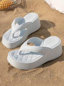 Women's Platform Wedge Flip Flops, Solid Color Thick Sole Slip-Resistant EVA Beach & Daily Slippers, Summer - Blue - View 1