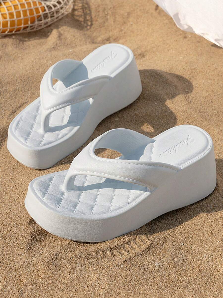 Women's Platform Wedge Flip Flops, Solid Color Thick Sole Slip-Resistant EVA Beach & Daily Slippers, Summer - Blue - View 1