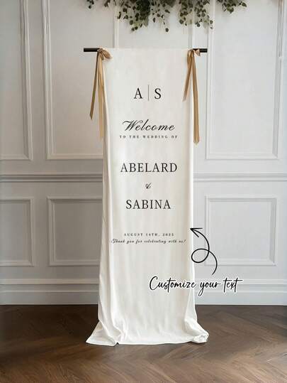 1pc Customized Peach Velvet Wedding Welcome Sign Board, Personalized With Name/Date/Text, Multi-Size Wedding Backdrop Curtain Suitable For Lawn, Garden, Living Room, Also Applicable For Birthday Party, Bridal Shower, Graduation Ceremony, Anniversary