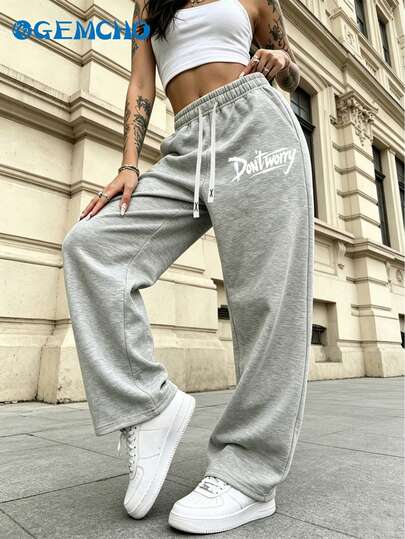 GEMCHO Women's Light Gray Drawstring Loose-Fit Wide-Leg Casual Joggers With Pockets, Made From A Slightly Stretchy Knit Fabric, Perfect For Casual Wear, Running, Jogging, And Working Out
