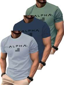 3pcs Men's Solid Color Short Sleeve T-Shirts, Alpha Letter & Flag Print Design, Loose Breathable Casual Tops For Summer - Multicolor - View 2