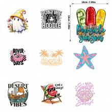 9PC DIY iron on transfers for tshirts,  Mushroom Ghost With Flowers Bonfire Hoodie River Days In Pink Float Salty Soul Shell Starfish Beach Vibes Palm Trees Watermelon In Chair Cool And Juicy Desert Vibes Cactus Landscape Popsicle Season Ice Cream Sticks , Easy Heat Transfer for Clothing, T-Shirts, Jeans, Backpacks, Hats & Pillows,  Washable Stickers Perfect for Casual Style, Ideal Gift for Women and Men. - Zufälliger Stil - Übersicht 3