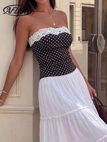 Aflion Áo hai dây crop top chấm bi đen trắng với viền ren và dây mảnh - Thiết kế hở lưng gợi cảm, kiểu dáng retro Y2K thời thượng, phù hợp cho các buổi hẹn hò mùa hè, dạo phố, tiệc tùng, lễ hội âm nhạc, bãi biển, hộp đêm. - màu đen - Xem 3