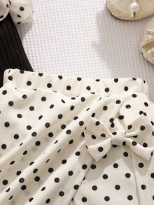 Young Girls' French Sweet Style Black & White Polka Dot Set, Ruffled Sleeve Ribbed Tank Top + Bow Decor Skirt Shorts 2pcs Outfit, Summer Holiday Party - Black - View 7