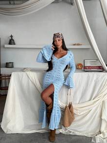 Women's Hollow Out Single-Breasted Flare Sleeve Front Slit Beach Cover Up Dress - Baby Blue - View 2