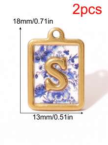 2个方形蓝白花纹字母吊坠，26个字母挂件，字母首字母吊坠，手工DIY手链饰品制作配件 - 2件#吊墜 - 查看 26