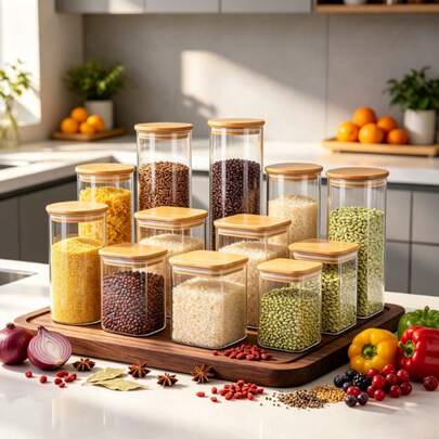 Mỗi bộ gồm 3 hũ thủy tinh vuông có nắp đậy kín, dung tích 1600ml/2400ml tùy chọn, dùng để đựng và sắp xếp đồ dùng nhà bếp với nắp tre, hũ thủy tinh đựng thực phẩm, hũ đựng cà phê, thích hợp để bảo quản gia vị, cà phê, ngũ cốc, kẹo, bánh quy, mì ống, v.v. Có thể dùng làm vật trang trí bàn bếp, xếp chồng lên nhau và là món quà lý tưởng cho Ngày của Mẹ và đám cưới.