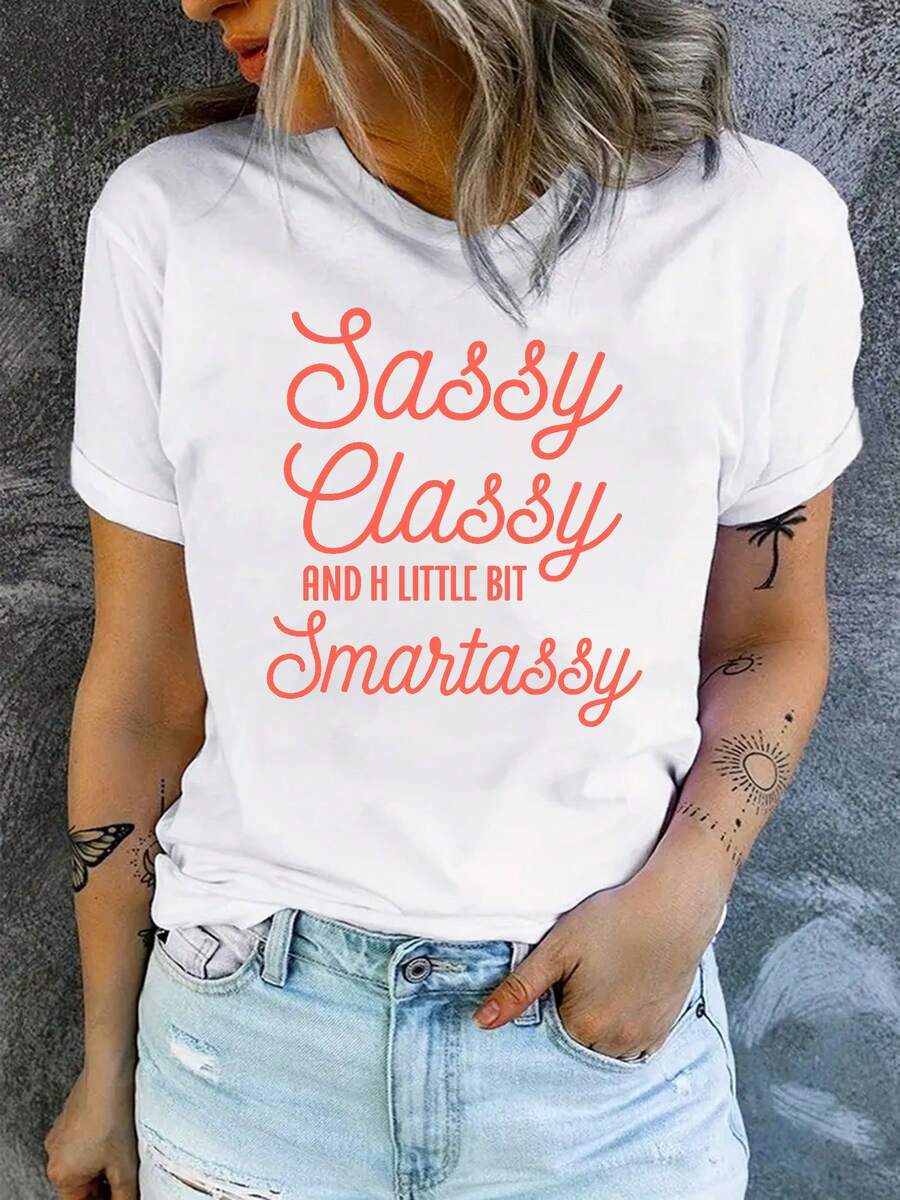 Camiseta corta Sve cuello tripulación de las mujeres - blusa compatible para otras plataformas Impresión de la carta Top | primavera verano casupaque tee con - alfabeto | hine lavable vestido casual y versátil Outfi (no-) | En stock