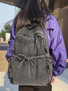 Mochila mini de mezclilla lavada vintage Y2K con bolsillos con cordón, adecuada para el estilo callejero estudiantil - Multicolor - Ver 13
