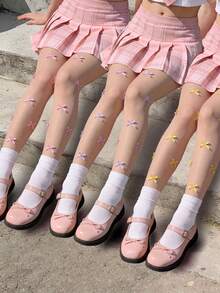 CLAGAINER 3 pares de medias transparentes con estampado de moño, medias transparentes decorativas con moño 3D, medias tipo Lolita dulce, medias transparentes antideslizantes para uso diario de mujeres - Multicolor - Ver 1