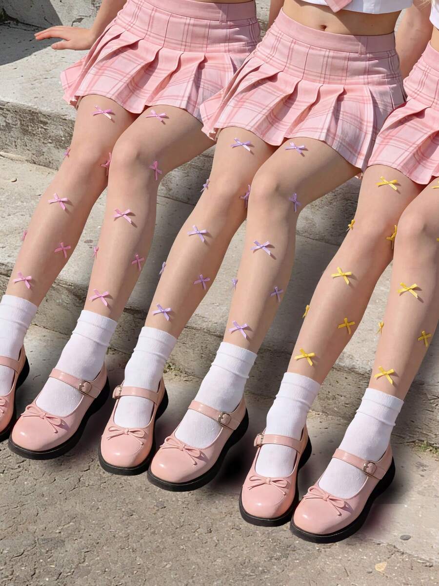 CLAGAINER 3 pares de medias transparentes con estampado de moño, medias transparentes decorativas con moño 3D, medias tipo Lolita dulce, medias transparentes antideslizantes para uso diario de mujeres - Multicolor - Ver 1
