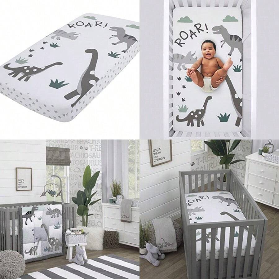 NoJo Baby-Saurus Photo Op Roar White Gray and Green Dinosaur with Clouds Nursery Fitted Crib Sheet Grey White Green - Gris Blanco Verde - Ver 1