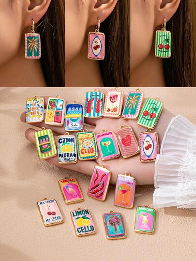 1 pieza Dije esmaltado con tema de verano para hacer joyas DIY, colgante rectangular colorido para collares y aretes, colgante de estilo bohemio y vacaciones para hacer joyas DIY, pendientes colgantes bohemios