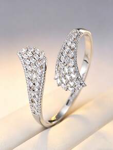 1pc Luxury Zirconia Feather Adjustable Bangle, Elegant Socialite Style Accessory For Wedding And Banquet - Silver-white - View 3