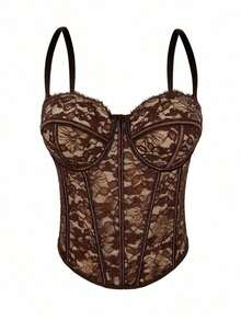 Top corset con adorno de encaje floral para mujer, elegante y casual para el verano - Marrón - Ver 1