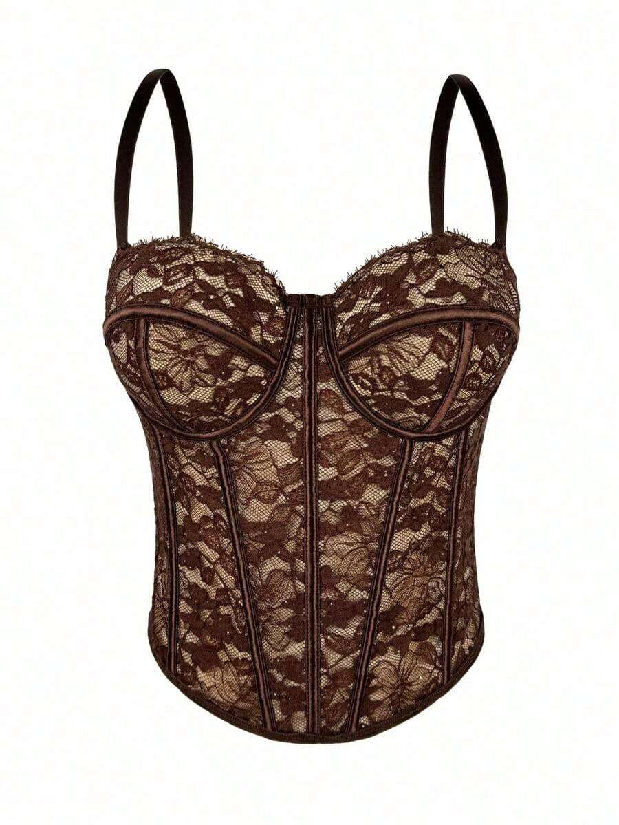 Top corset con adorno de encaje floral para mujer, elegante y casual para el verano - Marrón - Ver 1