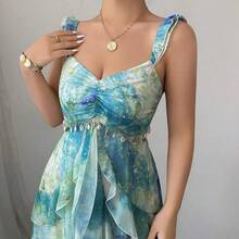 Women's Elegant Flutter Sleeve Heart Neckline Cinched Waist Ruffle Layered Asymmetrical Hem A-Line Tie Dye Watercolor Floral Print Long Maxi Dress, Casual Summer - Multicolor - Ver 3