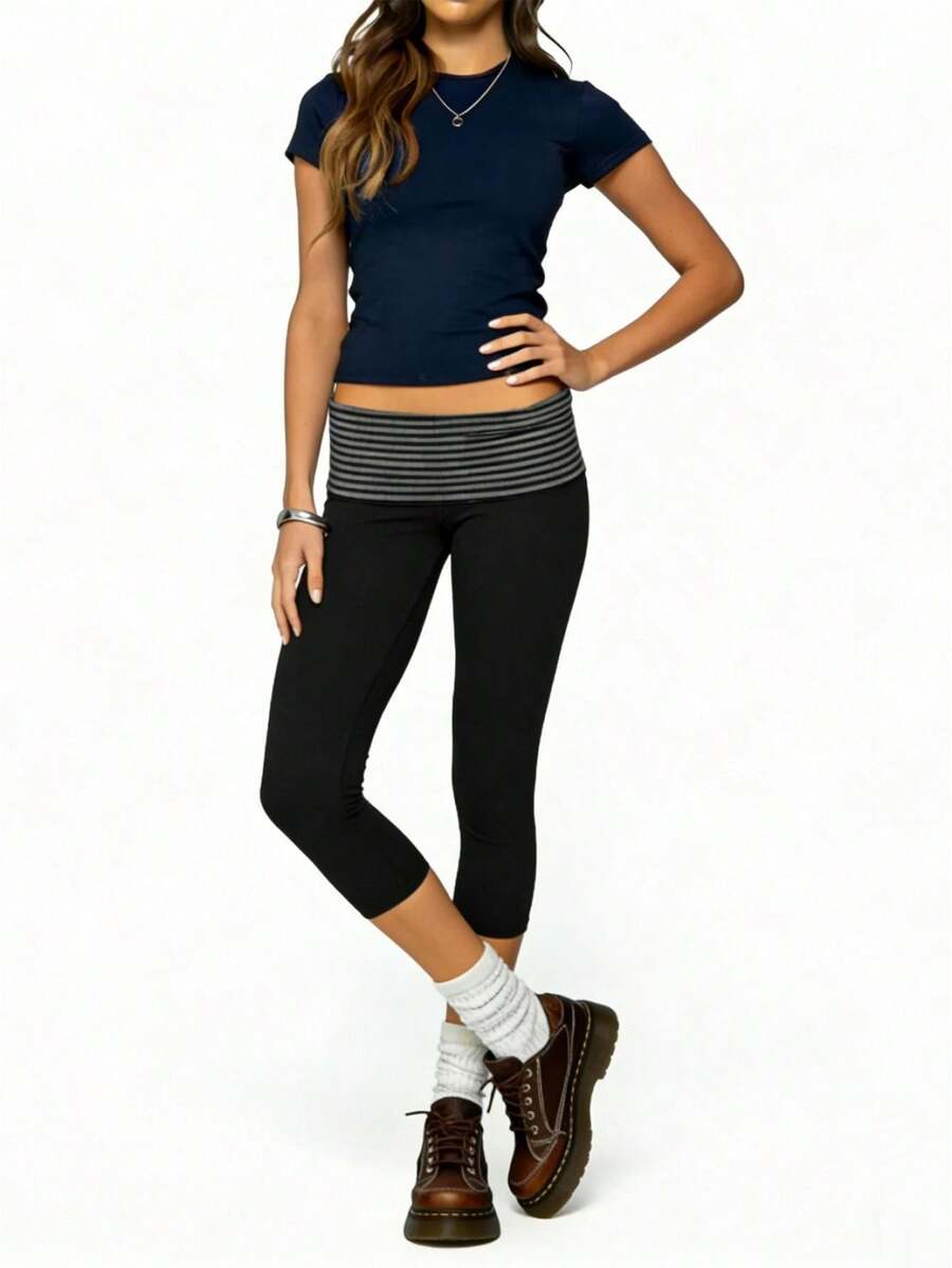 Striped Pants For Women Mid Rise Wide Leg Elastic Waist Casual Trousers For Spring - Grey - View 1