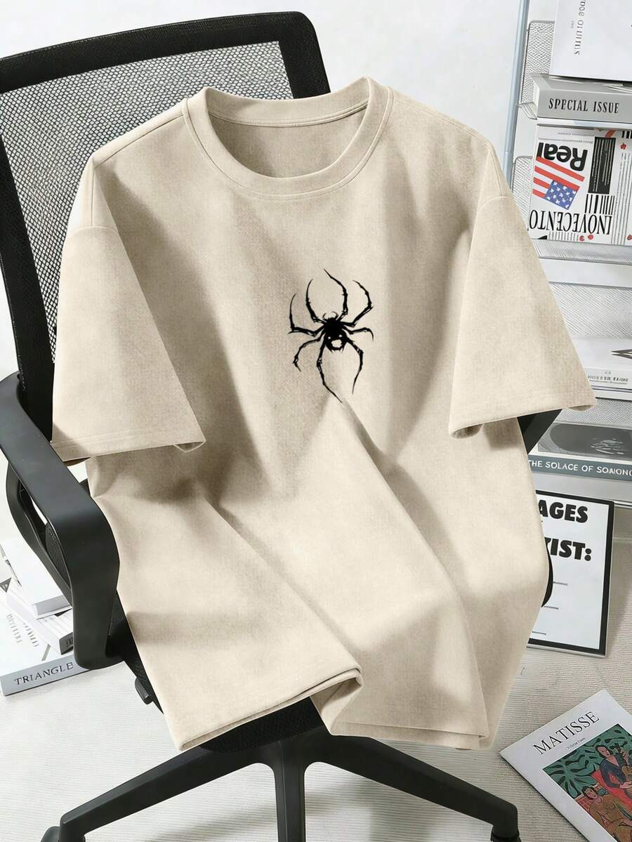 [1 Set Random]1pc Boys' Fashion Hip-Hop Personalized Versatile Spider Print Suede Short Sleeve T-Shirt - Apricot - View 1