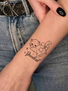 1pc Sticker, Cute Style Cat Cherry Bottle English Collection, Temporary Tattoo Sticker, For Arms, Abdomen Non-Reflective, Realistic Tattoo, Suitable For People, Daily Use, Lasts3-5Days - Black - View 3