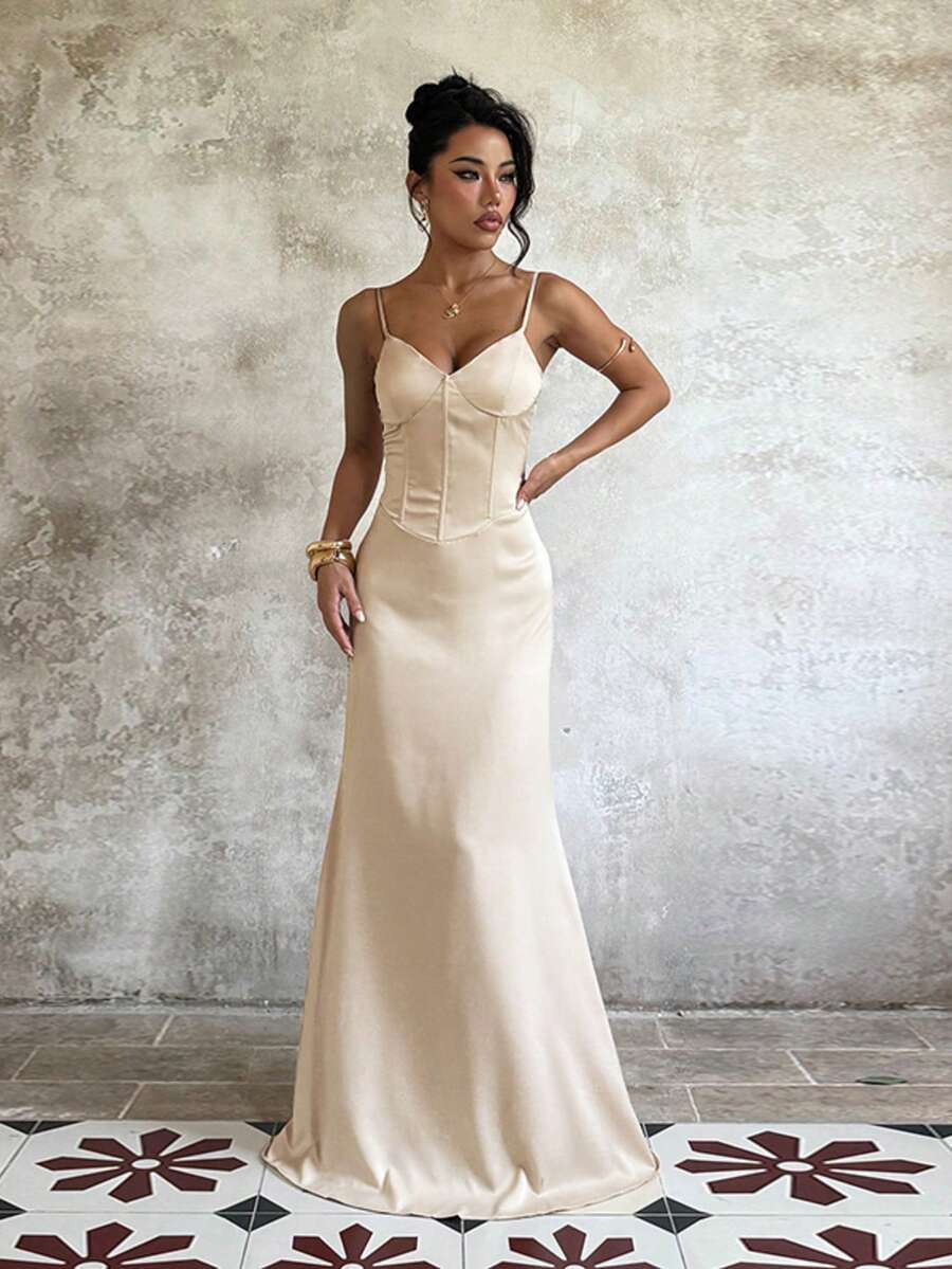Vestido elegante de boda de unicolor con tirantes finos - Champán - Ver 1