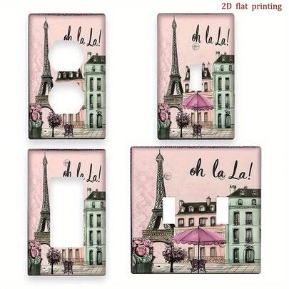 1pc [2D Printed] Eiffel Tower "Oh La La" Vintage Wall Sticker, Decorative Switch And Socket Cover, Battery-Free