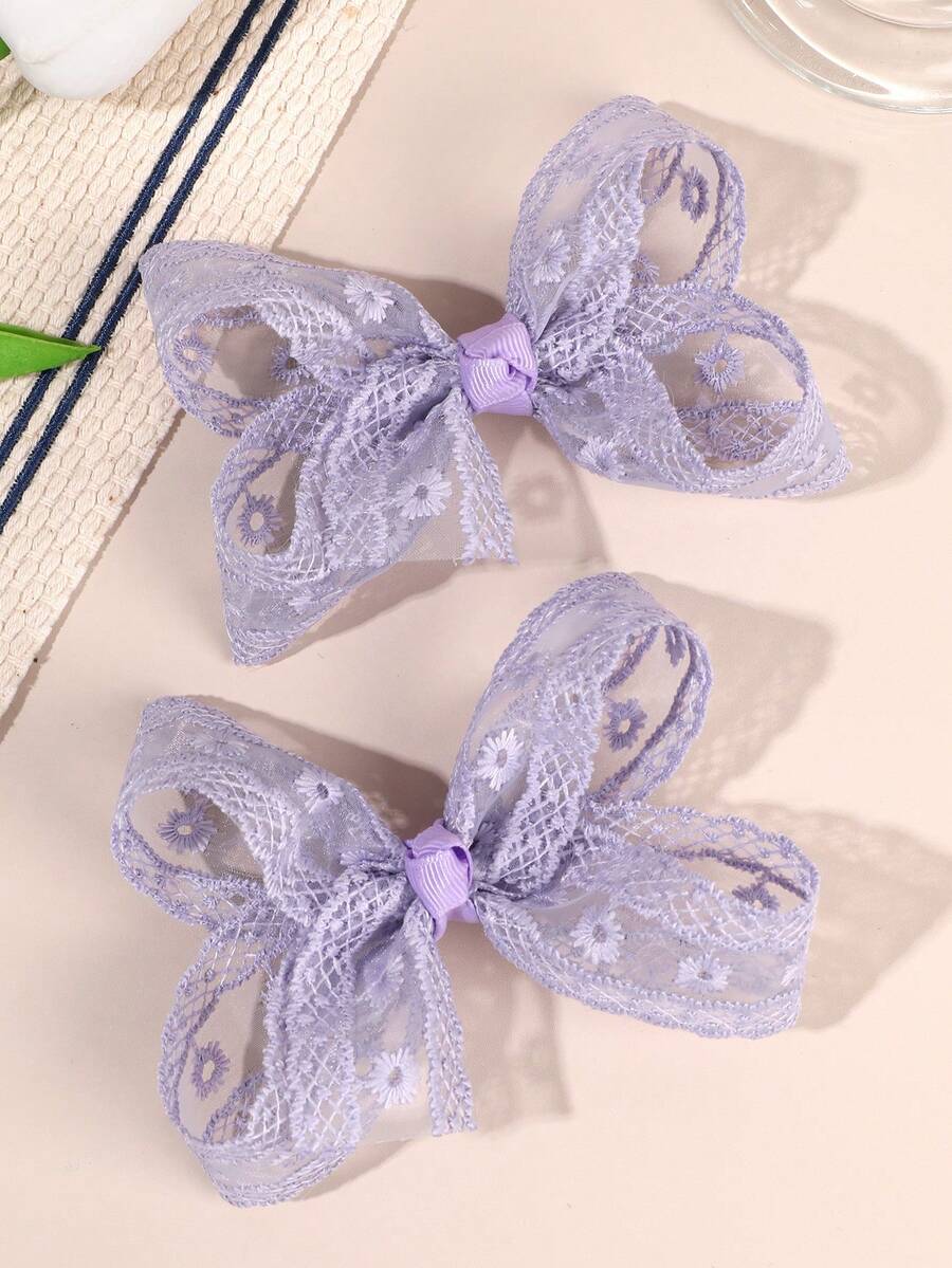 2件組紫色蕾絲花朵網紗蝴蝶結髮夾,可愛花卉髮夾,優雅女孩髮飾,適合日常、派對、假期、青少年 - 紫色 - 查看 1