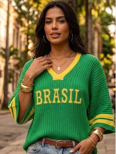Camiseta Brasil Feminina Copa do Mundo Tricot Canelado Copa do Mundo Verão
