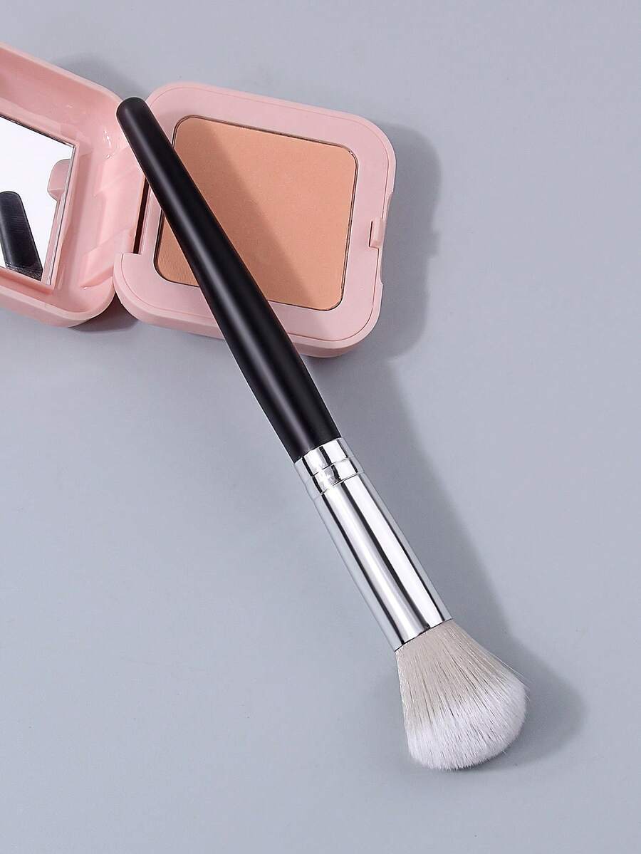 1pc Professional Blush Brush, Black Handle With Silver Ferrule, Soft Fluffy Hair For Seamless Blending, Natural Flush & Bronzer Application