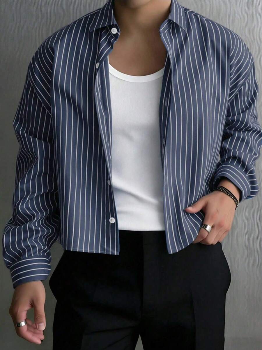 Camisa de manga corta a rayas casual/para ir al trabajo de solapa sencilla para hombre - Azul Marino - Ver 1