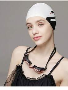 1 pieza Gorro de natación de silicona con estampado de cisne de dibujos animados, talla grande, alta elasticidad, protección de oídos, adecuado para cabello largo, gorro de natación impermeable para mujeres - Blanco - Ver 3