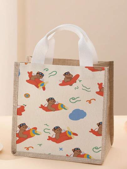 Bolsa de lona con estampado de osito y parches de yute. Duradera y espaciosa. Perfecta para niños, estudiantes, compras, viajes y picnics.