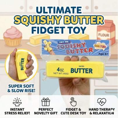4oz Salted Butter Shaped Squishy Fidget Toy, Super Soft Slow Rise Stress Relief Squeeze Toy, Novelty Kitchen Themed Desk Fidget For Anxiety, Hand Therapy Relaxation, Funny Gag Gift For Friends & Coworkers