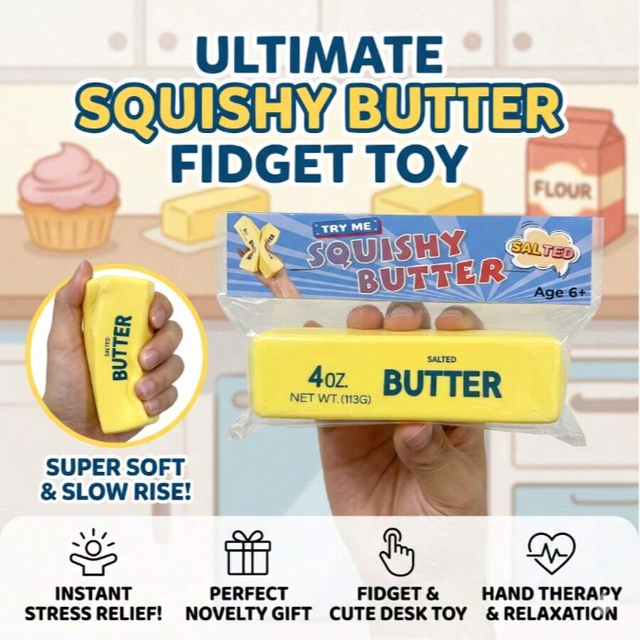 4oz Soft Butter Shaped Stress Relief Toy, Ultra Soft Slow Rebound Pressure Release Toy, Kitchen Theme Office Desk Stress Relief Toy, Relieve Anxiety Hand Relaxation, Interesting Gift For Friends And Colleagues - Multicolor - View 1