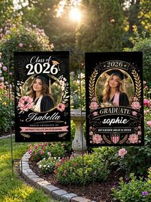 1pc Custom Graduation Photo Garden Flag, Personalized Photo/Name/School Name Class Of 2026 Yard Banner, Floral Wreath High School College Graduation Gift, Black Background Welcome Sign Garden Flag, Yard Part Decor, Celebration Photo Prop - Multicolor - View 9