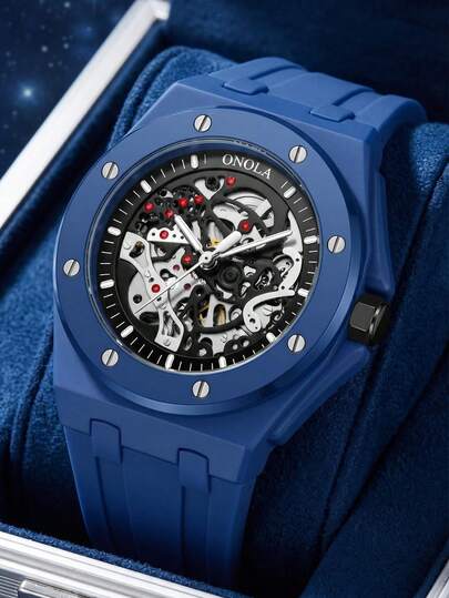 ONOLA 2026年情人节礼物：自动机械表，30米防水，镂空表盘，硅胶表带，礼盒包装