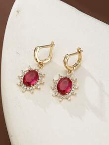 1 par de pendientes colgantes de flores vintage color oro con circonita roja, pendientes de aro de lujo para mujer, accesorios para bodas, fiestas y cumpleaños - pendientes - Ver 7