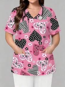 Plus Size Curvy Women's All-Over Print Nurse Top, Casual Loose Short-Sleeve Work Clothes Pink Hearts Black White Flowers Stripes Dots Patterns Stylish Patterned Nurse Top, Perfect For Hospital, Dental, Nursing And Healthcare Staff. - Sayle - View 3