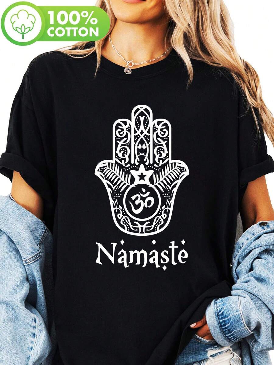 Y-Namaste Black And Hand Gesture Print T-Shirt, Short Sleeve Round Neck Casual Top, Suitable For Summer And Spring, Women's Clothing - 黑色 - 查看 1