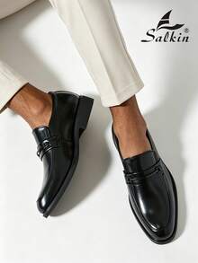 Salkin Giày lười nam cao cấp kiểu retro, chất liệu da mềm mại, thoáng khí, màu đen, mũi nhọn, giày công sở lịch lãm, giày dự tiệc, đám cưới, quà tặng lãng mạn cho cặp đôi, quà tặng ngày lễ, giày tựu trường cho sinh viên, phong cách đại học phù hợp cho mọi mùa, nên chọn lớn hơn một size. - màu đen - Xem 5
