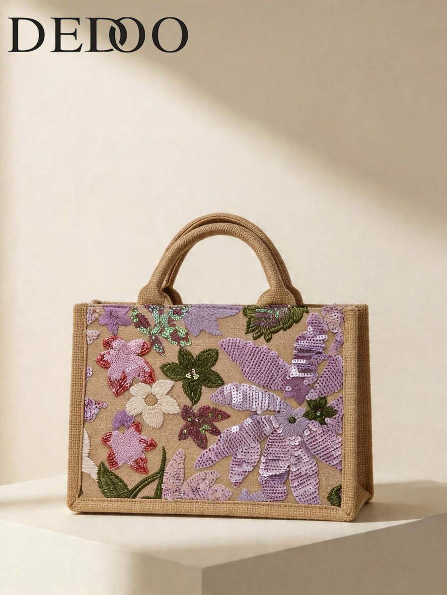Dedoo New Fashionable Sequin Striped Large Canvas Tote Bag, Large Embroidered Handbag, Best Mother's Day Gift - Multicolor - View 1