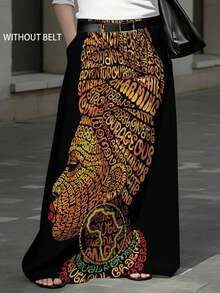 Women Elegant Printed Midi Skirt With Africa Map And Inspirational Words Design For Casual And Streetwear Style With Side Pockets And Back Elastic Waistband Without Belt 250g - Multicolor - View 4